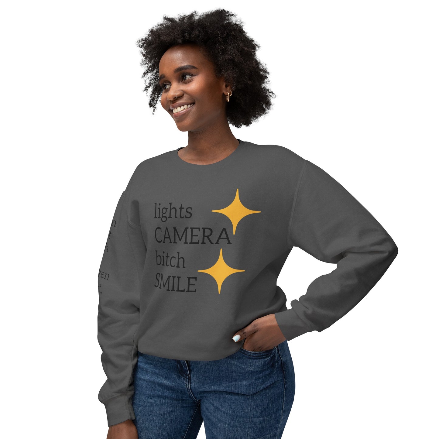 Lights Camera Bitch Smile Sweatshirt! All Colors and Sizes Unisex Lightweight Crewneck Sweatshirt