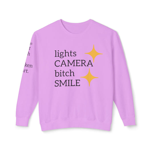 Lights Camera Bitch Smile Sweatshirt! All Colors and Sizes Unisex Lightweight Crewneck Sweatshirt